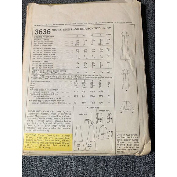 McCalls 3636 Vintage Sewing Pattern Misses Dress Blouson Top Size 12 - Picture 2 of 2